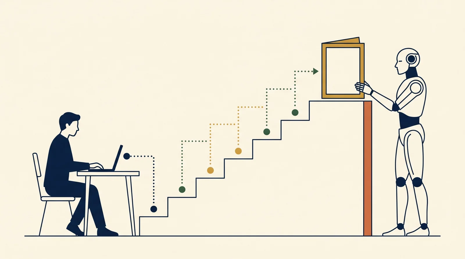 Illustration : une personne travaille sur son ordinateur au pied d'un escalier jalonné, en haut duquel un robot tient un cadre.