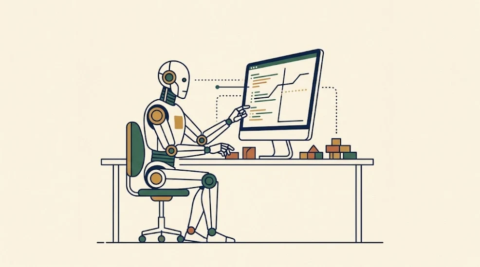 Illustration : un robot assis à un bureau désigne du code et une courbe sur son écran.