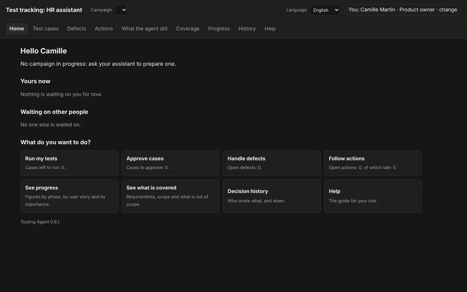The test tracking home screen of a new project, HR assistant: no campaign in progress, nothing waiting on you, and shortcuts to tests, cases, defects and progress, all at zero.