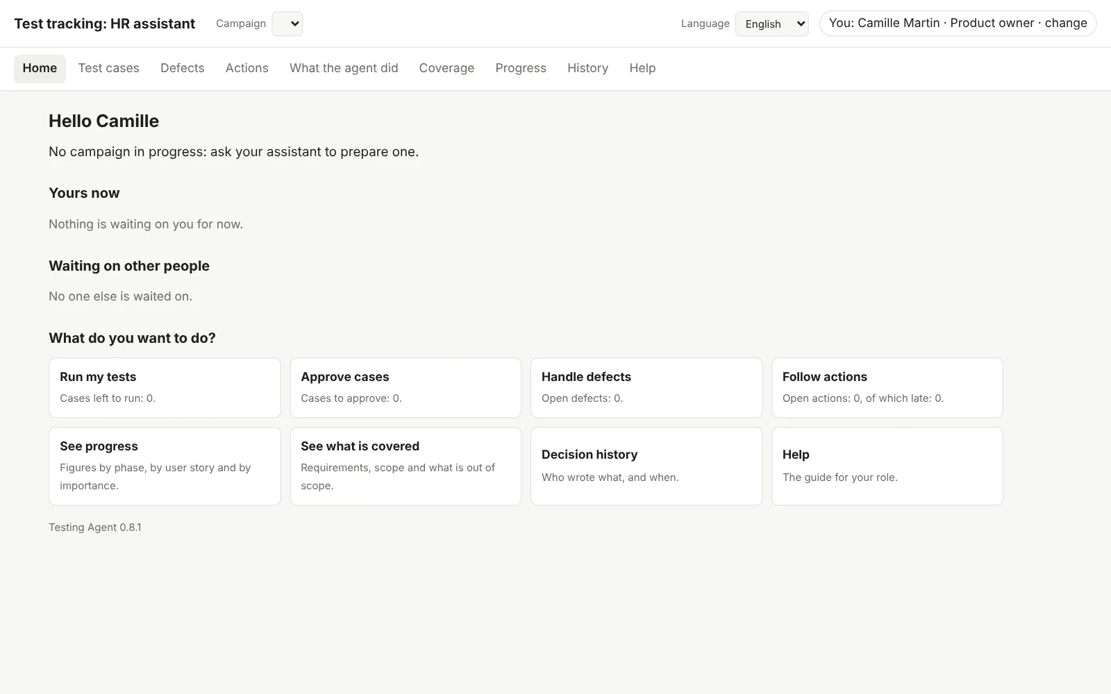 The test tracking home screen of a new project, HR assistant: no campaign in progress, nothing waiting on you, and shortcuts to tests, cases, defects and progress, all at zero.