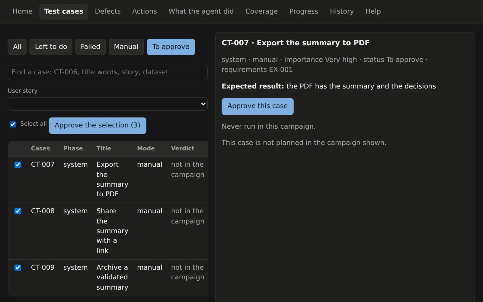 The case list filtered on To approve: three cases proposed by the agent, ticked, and the Approve selection (3) button.
