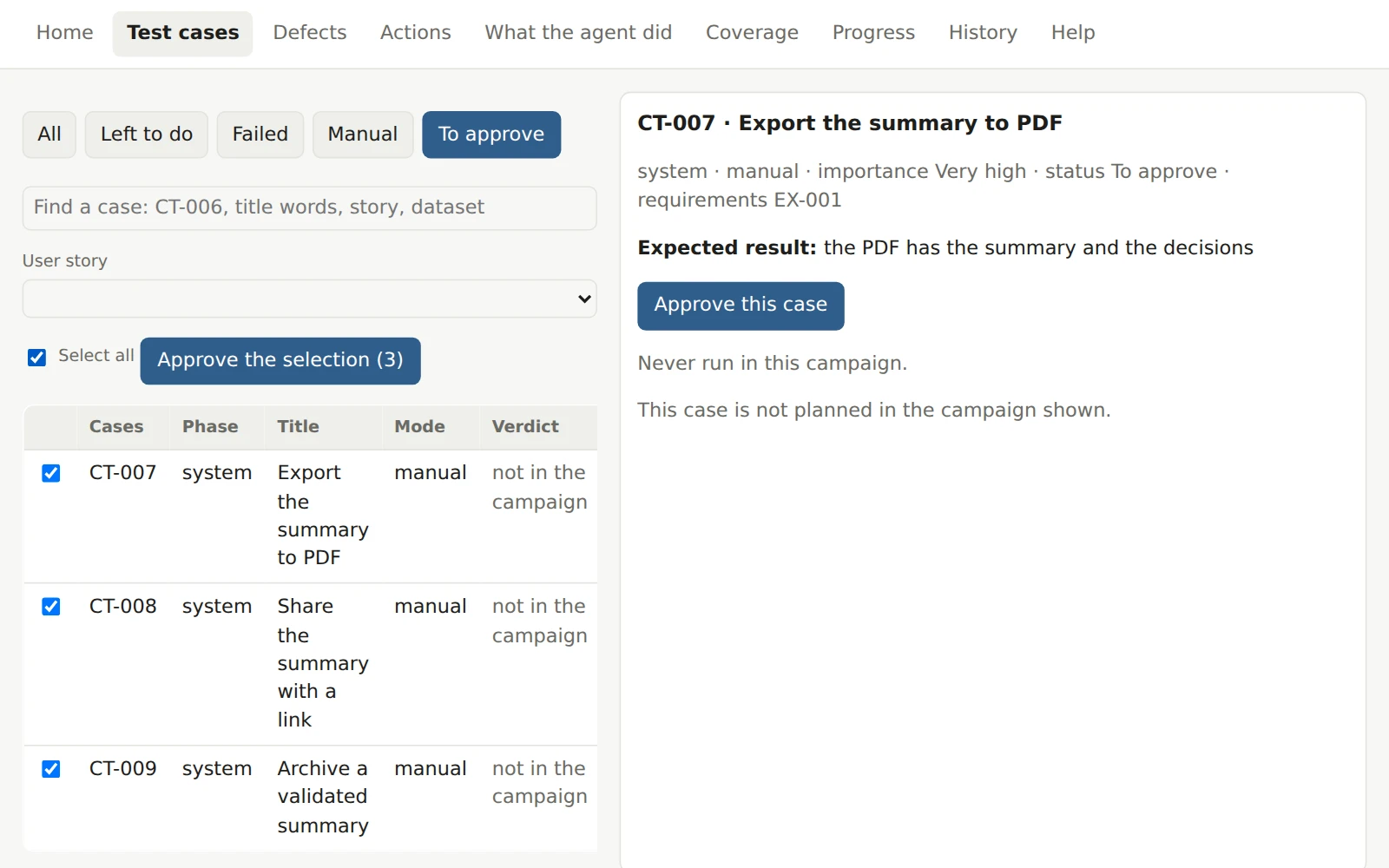 The case list filtered on To approve: three cases proposed by the agent, ticked, and the Approve selection (3) button.