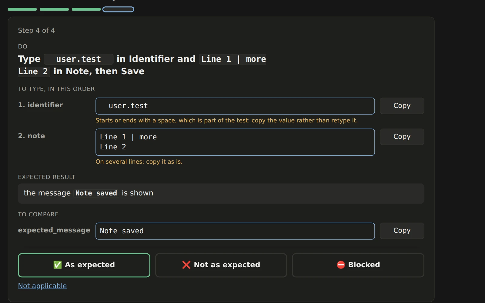 A test at step 4 of 4: two values to type in order, each with a Copy button, the expected result, then the As expected, Not as expected and Blocked buttons.