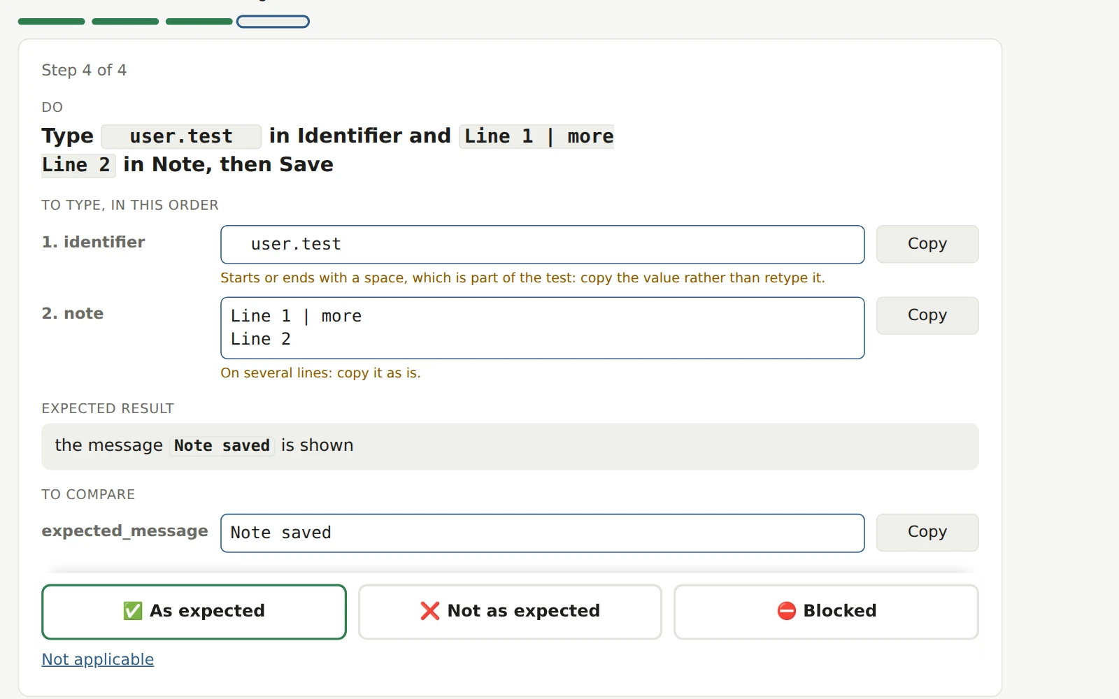 A test at step 4 of 4: two values to type in order, each with a Copy button, the expected result, then the As expected, Not as expected and Blocked buttons.