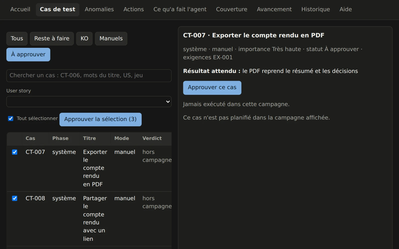 La liste des cas filtrée sur À approuver : trois cas proposés par l'agent, cochés, et le bouton Approuver la sélection (3).