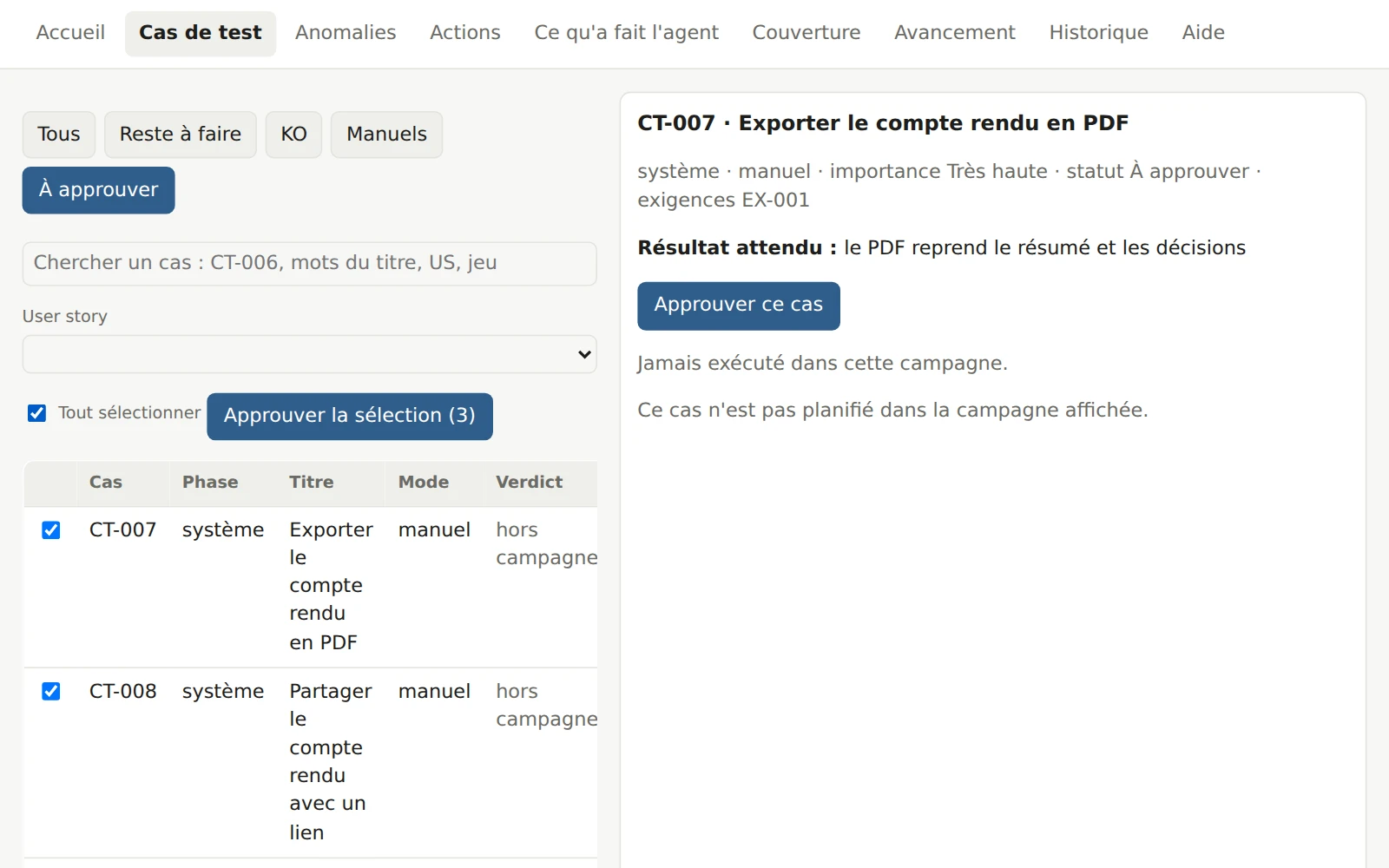 La liste des cas filtrée sur À approuver : trois cas proposés par l'agent, cochés, et le bouton Approuver la sélection (3).